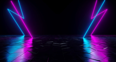 Futuristic Sci-Fi Thunderbolt Shaped Neon Tube Vibrant Purple And Blue Glowing Lights On Reflective Tilted Rough Concrete Surface In Dark Room Empty Space 3D Rendering