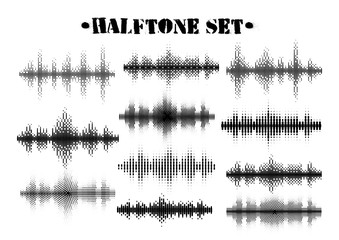 Halftone sound wave black and white patterns set.Tech music design elements isolated on white background