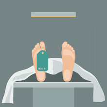 Vector Illustration Of A Patient In A Mortuary Or Morgue. Mortuary Theme. The Surgery Went Wrong. Vector Illustration Of A Dead Person.