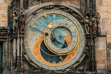 Prague, Czech Republic. Close Up Medieval Astronomical Clock Or Prague Orloj.