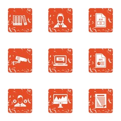 Poster - Computer library icons set. Grunge set of 9 computer library vector icons for web isolated on white background