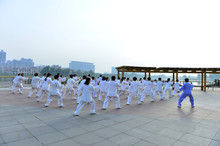 Tangshan - May 26, 2018: Tai Chi Performance, To The South Of The Luanhe River, Tangshan City, Hebei Province, China.