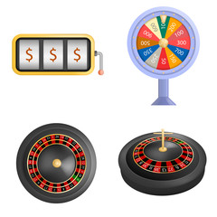 Roulette wheel fortune spin game mockup set. Realistic illustration of 4 roulette wheel fortune spin game mockups for web