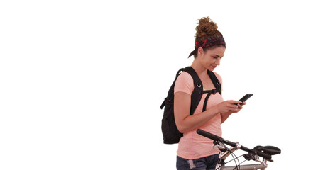 Wall Mural - Portrait of Caucasian woman sending text next to bicycle on white background