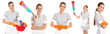 Set with chambermaid in uniform and cleaning supplies on white background