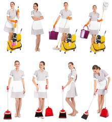 Poster - Set with chambermaid in uniform and cleaning supplies on white background