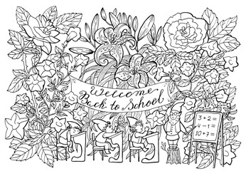 Black and white illustration with little gnomes pupils and teacher learning in the flower garden. Back to school vector illustration, September 1, knowledge day and science concept, doodle drawings