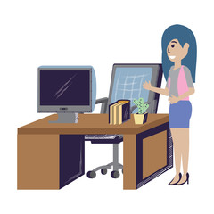 Poster - cartoon businesswoman at the office over white background, vector illustration