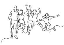 Continuous Line Drawing Of Happy Jumping Group Of Youth