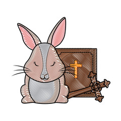 Sticker - bible with religious cross and cute bunny over white background, vector illustration