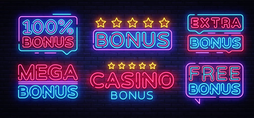 Wall Mural - Bonus Neon Text collection Vector. Bonus Casino neon sign, design template, modern trend design, night neon signboard, night bright advertising, light banner, light art. Vector illustration