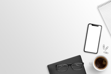 Aufkleber - Flat lay scene with smart phone mockup. Modern smart phone with curved edges. Copy space beside.
