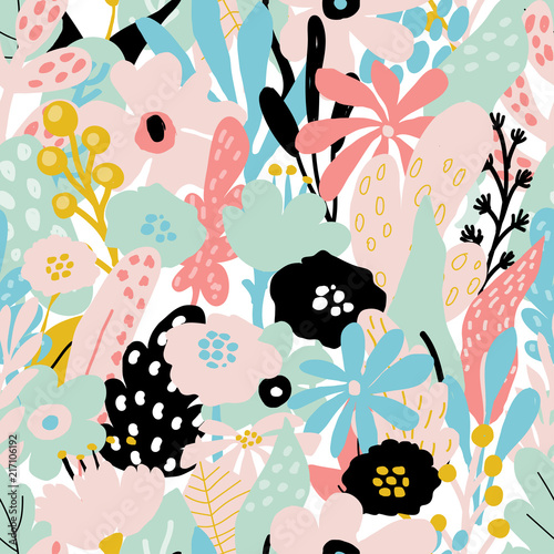 Seamless repeating pattern with floral elements in pastel colors on white bac...