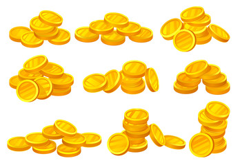 Wall Mural - Heaps of shiny golden coins. Money or financial theme. Elements for mobile game, promo poster or banking website. Flat vector set