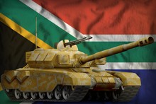 Heavy Tank With Desert Camouflage On The South Africa National Flag Background. 3d Illustration