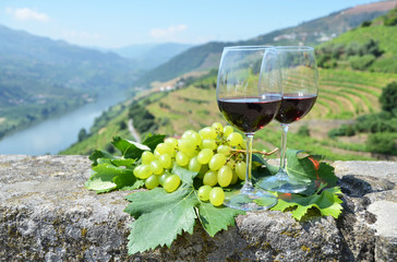 Wine glasses against vineyards in Douro Valley, Portugal