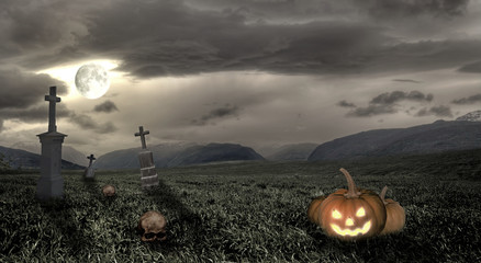 Wall Mural - Spooky Halloween graveyard with pumpkin and moon