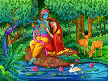 Lord Krishna Playing Bansuri Flute With Radha On Happy Janmashtami Holiday Festival Background