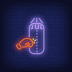 Poster - Neon icon of boxing training. Protective glove beating punching bag on brick wall background. Sport or fight club concept. Can be used for neon signs, posters, billboards, banners.