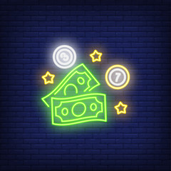 Aufkleber - Neon icon of lottery prize. Money, balls and stars on brick wall background. Lotto playing concept. Can be used for neon signs, posters, billboards, banners.