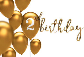 Gold Happy 2nd birthday balloon greeting background. 3D Rendering