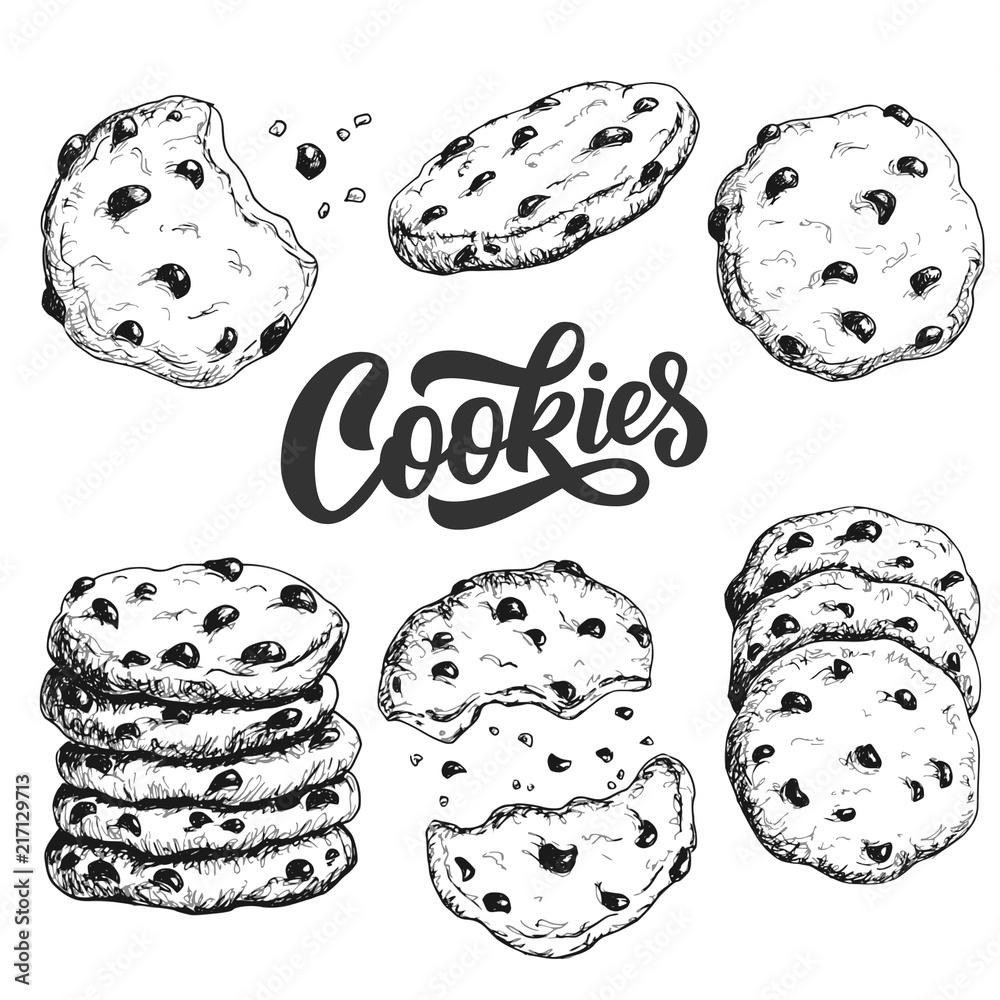 Sketch ink graphic cookies set illustration, draft silhouette drawing, black on white line art. Delicious vintage etching food design. - obrazy, fototapety, plakaty 