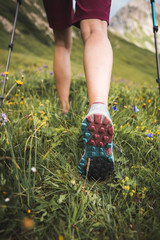 Wall Mural - adventurous sportive girl hiking in beautiful alpine mountains