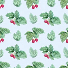 Wall Mural - Watercolor illustration of raspberries. Seamless pattern