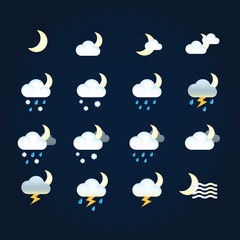 weather icons sun and clouds in night sky, rain with snow, thunder and lightning. flat vector weathe