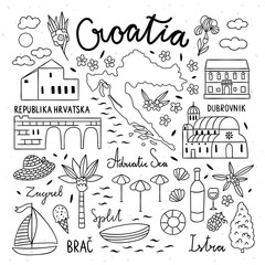 Croatia hand drawn illustrations. Travel icons of Croatia. Cute hand drawn elements with architecture, food, map, nature symbols