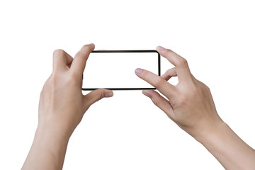 smartphone in female hands taking photo isolated on white blackground