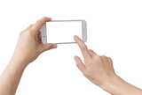Fototapeta  - Smartphone in female hands taking photo isolated on white blackground