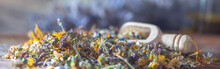 Banner For Homeopathy: Close Up Of Dryed Herbs And Blooms