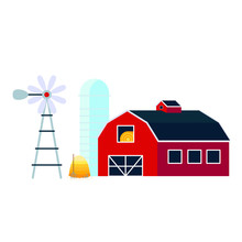 Red House Barn With Silo, Windmill And Pile Of Hay Flat Style Vector Illustration Isolated On White Background. Agricultural And Farming Landscape Elements For Your Needs
