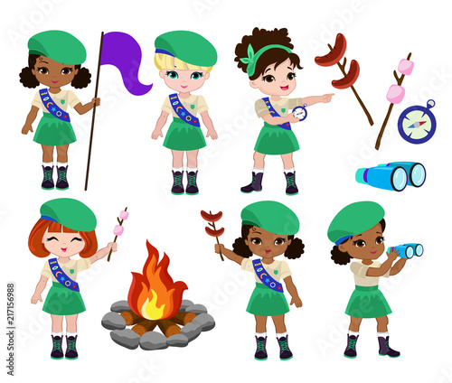 Fotografía Collection of girls scouts camping outfit, summer camp activities