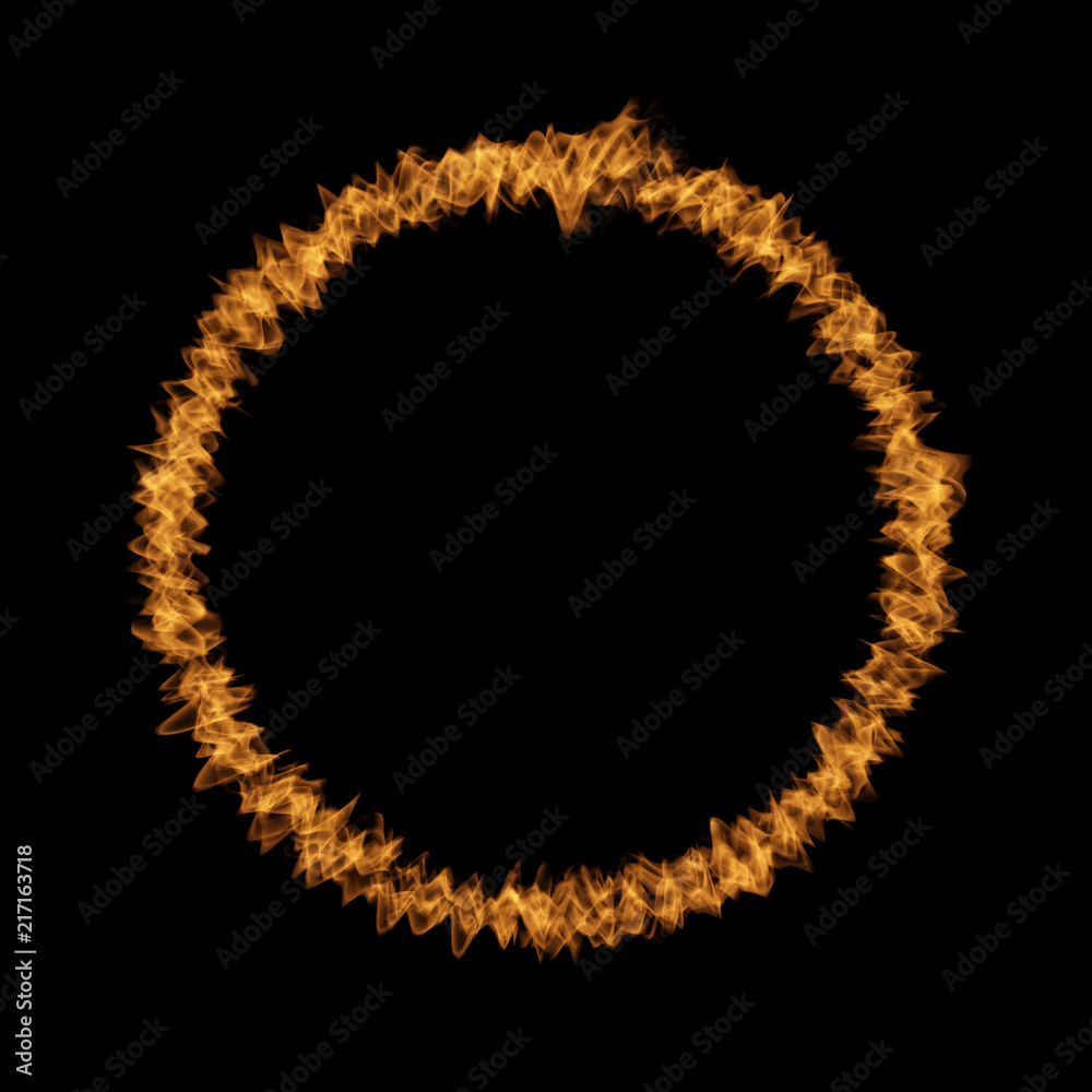 Conceptual yellow orange hot raging blaze of fire, circle round ring ...