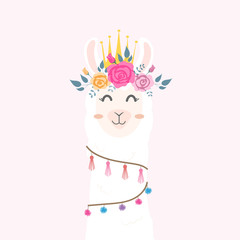 Wall Mural - Cute llama head with flower crown. 