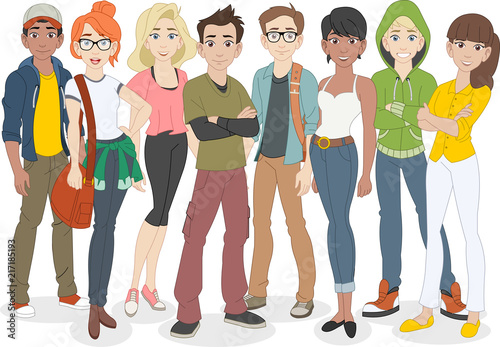 Group of cartoon young people. Teenagers.
