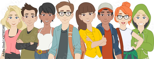 Group of cartoon young people. Teenagers.