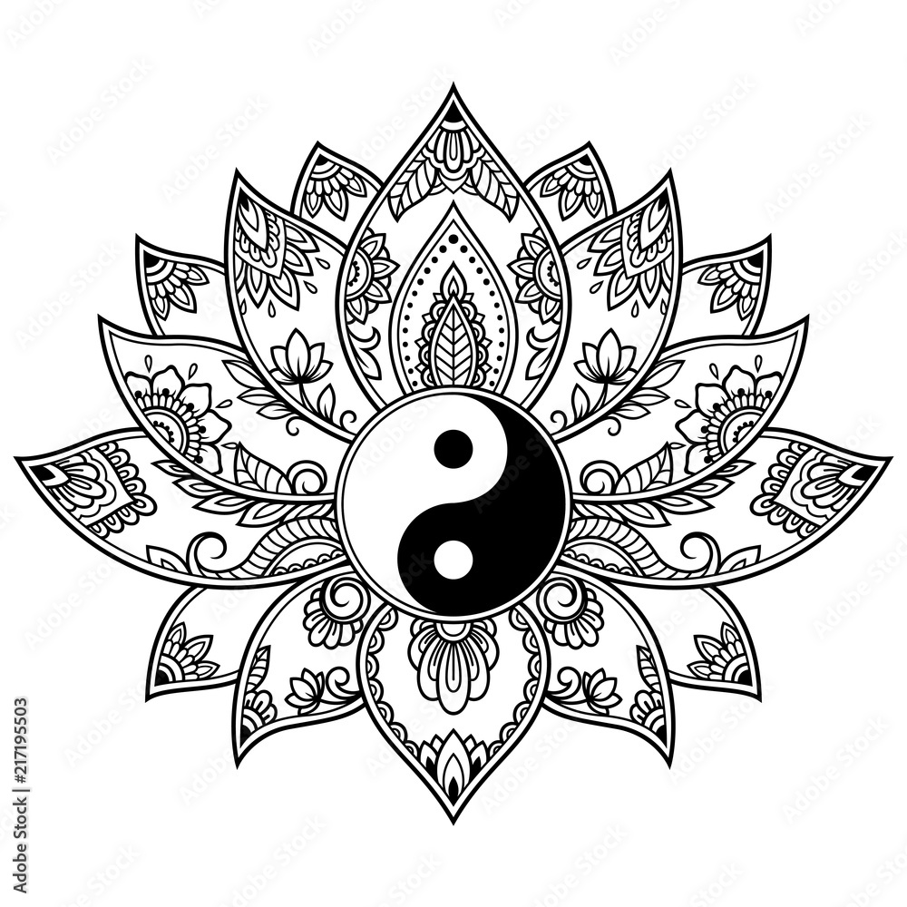 Mehndi Lotus flower pattern with Yin-yang symbol for Henna drawing and  tattoo. Decoration mandala in ethnic oriental, Indian style. Stock Vector |  Adobe Stock, image size:1000x1000