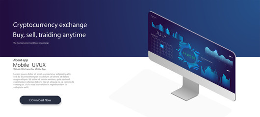 Wall Mural - Business analysis system, isometric blue light concept. Financial analytics. Mobile stock trading concept, business and investment, market analysis. Candlestick Chart on pc screen