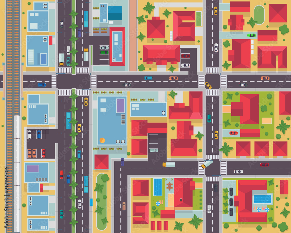 Top View Urban City Map Housing And Commercial Area Illustration Stock ...