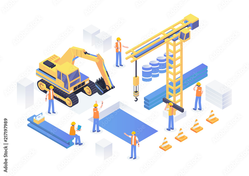 Modern Isometric Under Construction Industrial Site Concept ...