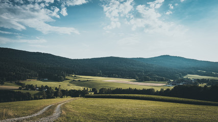  Field with a Path and Mountains with Trees in the background and Clouds on the sunny sky in the bavarian forest