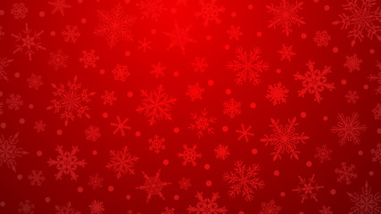 christmas illustration with various small snowflakes on gradient background in red colors