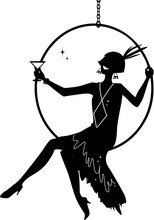 Young Woman Dressed In 1920s Fashion Sitting In A Hanging Hoop And Having A Cocktail, EPS 8 Vector Silhouette, No White Objects