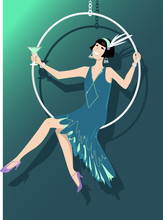 Young Woman Dressed In 1920s Fashion Sitting In A Hanging Hoop And Having A Cocktail, EPS 8 Vector Illustration