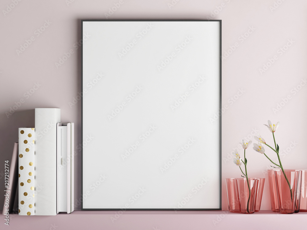 Mock up poster frame on minimalism rose wall, 3d render, 3d illustration - obrazy, fototapety, plakaty 