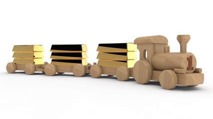 3D illustration of a wooden toy train, carries cars of gold bars. The idea of credit, Fund, budget, childhood, wealth and prosperity. Image with depth of field isolated on a white background.