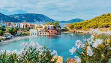 Panoramic View To Assos Village In Kefalonia, Greece. Bright White Blossom Flower In Foreground Of Turquoise Colored Calm Bay Of Mediterranean Sea And Beautiful Colorful Houses In Background
